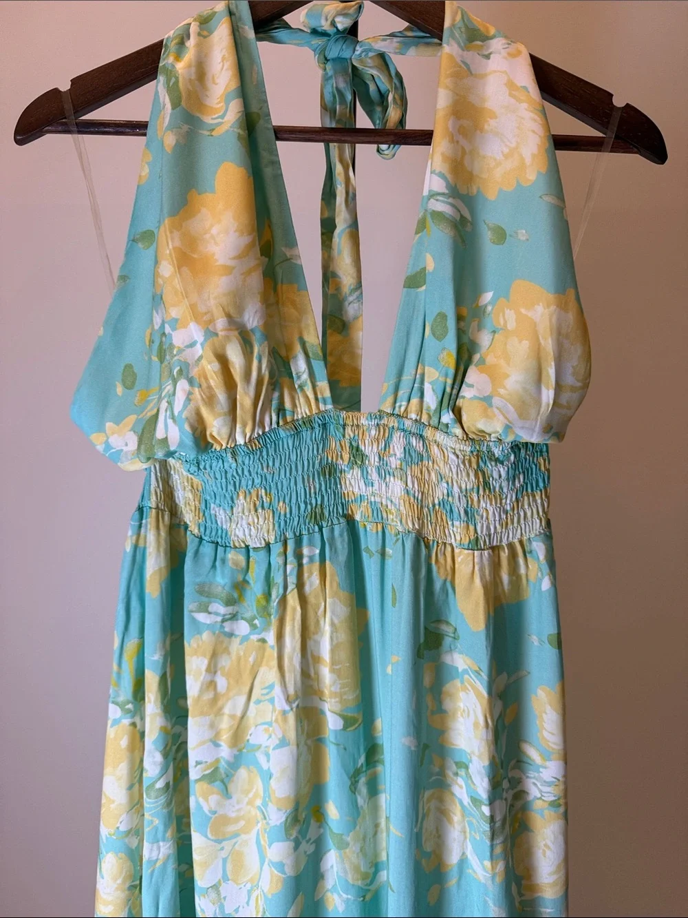 Hello Molly Floral Halter Maxi Dress Smocked Waist Turquoise Yellow | Size 6 (M) - Picture 4 of 8